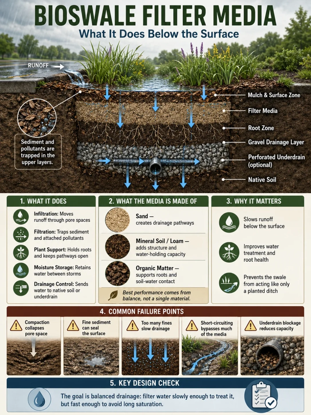 Bioswale filter media helps clean runoff water naturally by filtering pollutants below the surface to prevent pollution and protect soil health.