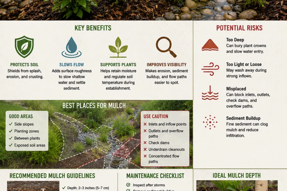 Bioswale mulch layer helps manage stormwater runoff naturally while enhancing landscape health and preventing erosion.