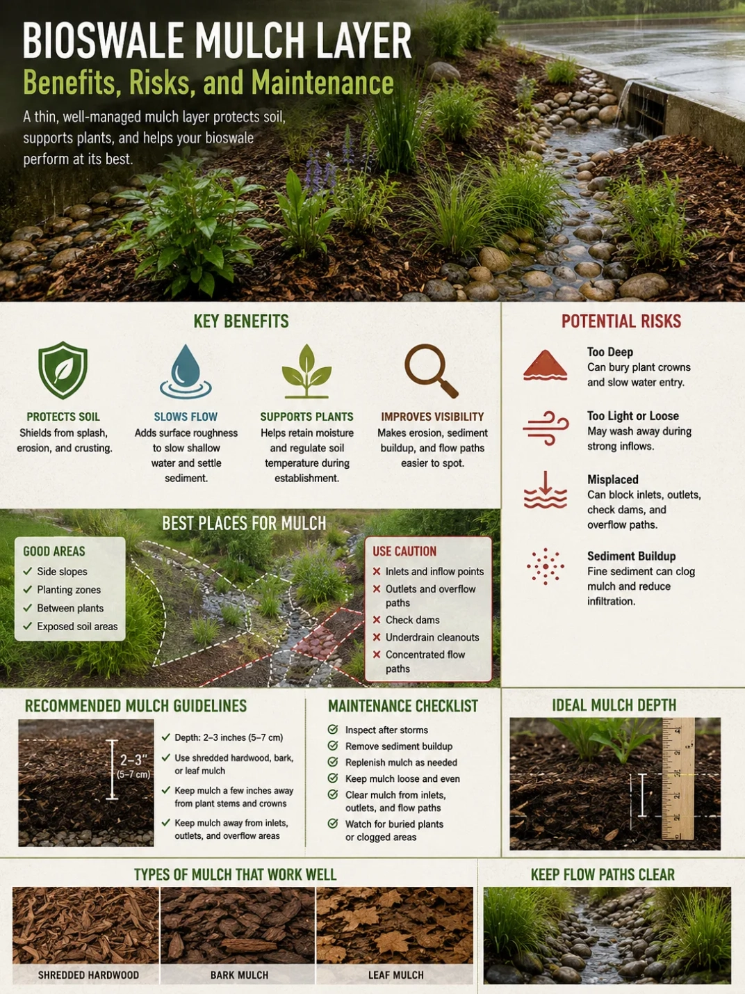 Bioswale mulch layer helps manage stormwater runoff naturally while enhancing landscape health and preventing erosion.