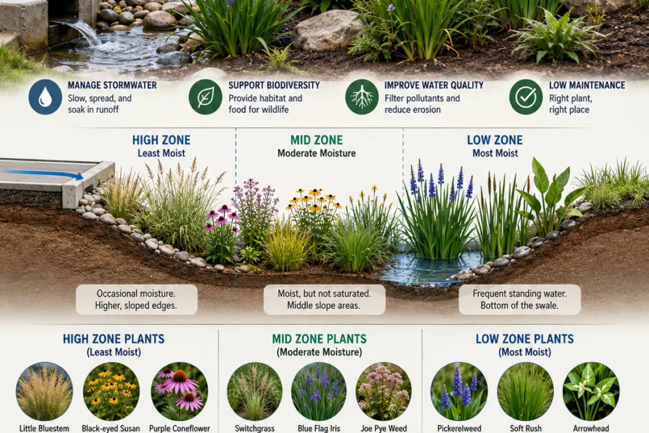 Bioswale planting plan shows how to arrange plants by moisture zones for optimal water management and landscaping efficiency.