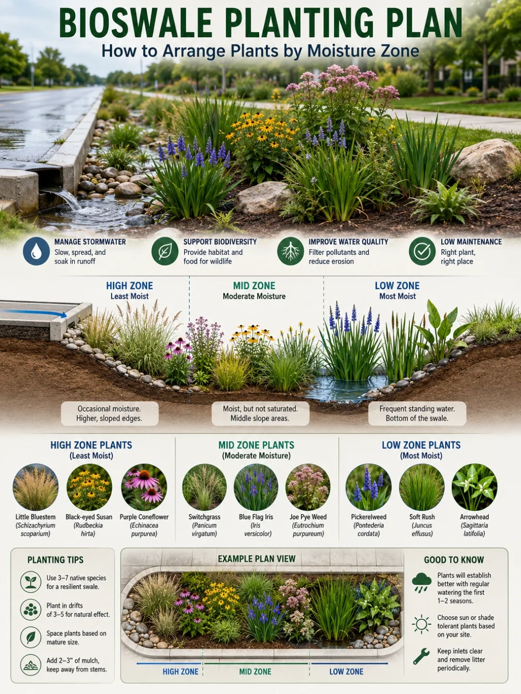 Bioswale planting plan shows how to arrange plants by moisture zones for optimal water management and landscaping efficiency.