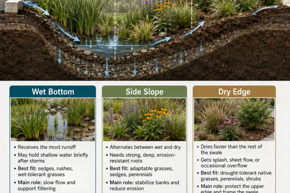 Bioswale planting zones include wet bottom, side slope, and dry edge to effectively manage stormwater and support plant growth.