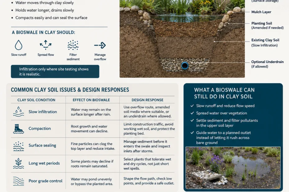 Clay soil bioswale design options to manage stormwater runoff and improve water infiltration in challenging soil conditions.