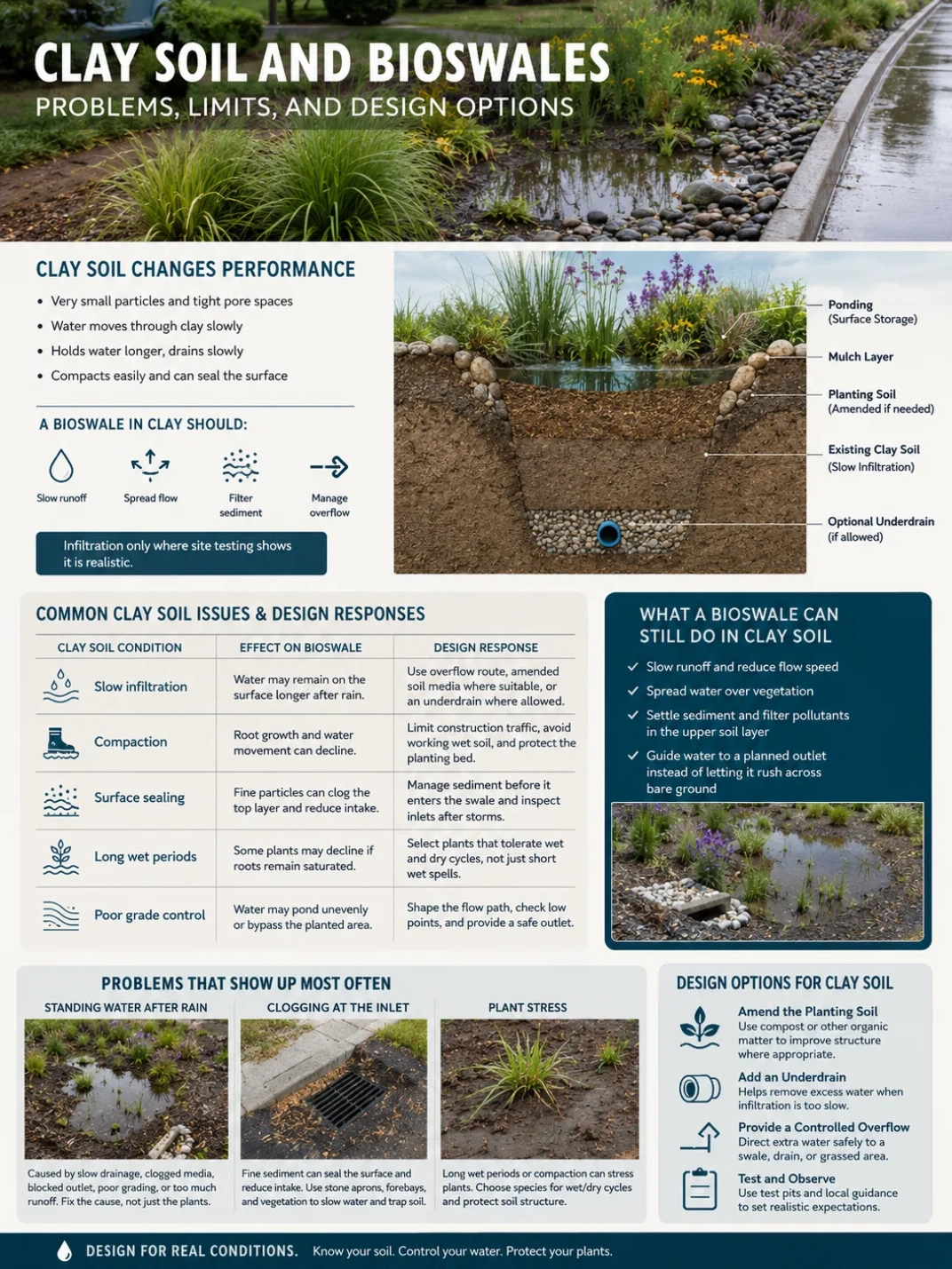 Clay soil bioswale design options to manage stormwater runoff and improve water infiltration in challenging soil conditions.