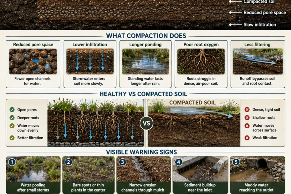 Compacted soil in bioswales decreases water infiltration and filtration efficiency, reducing overall stormwater management performance.