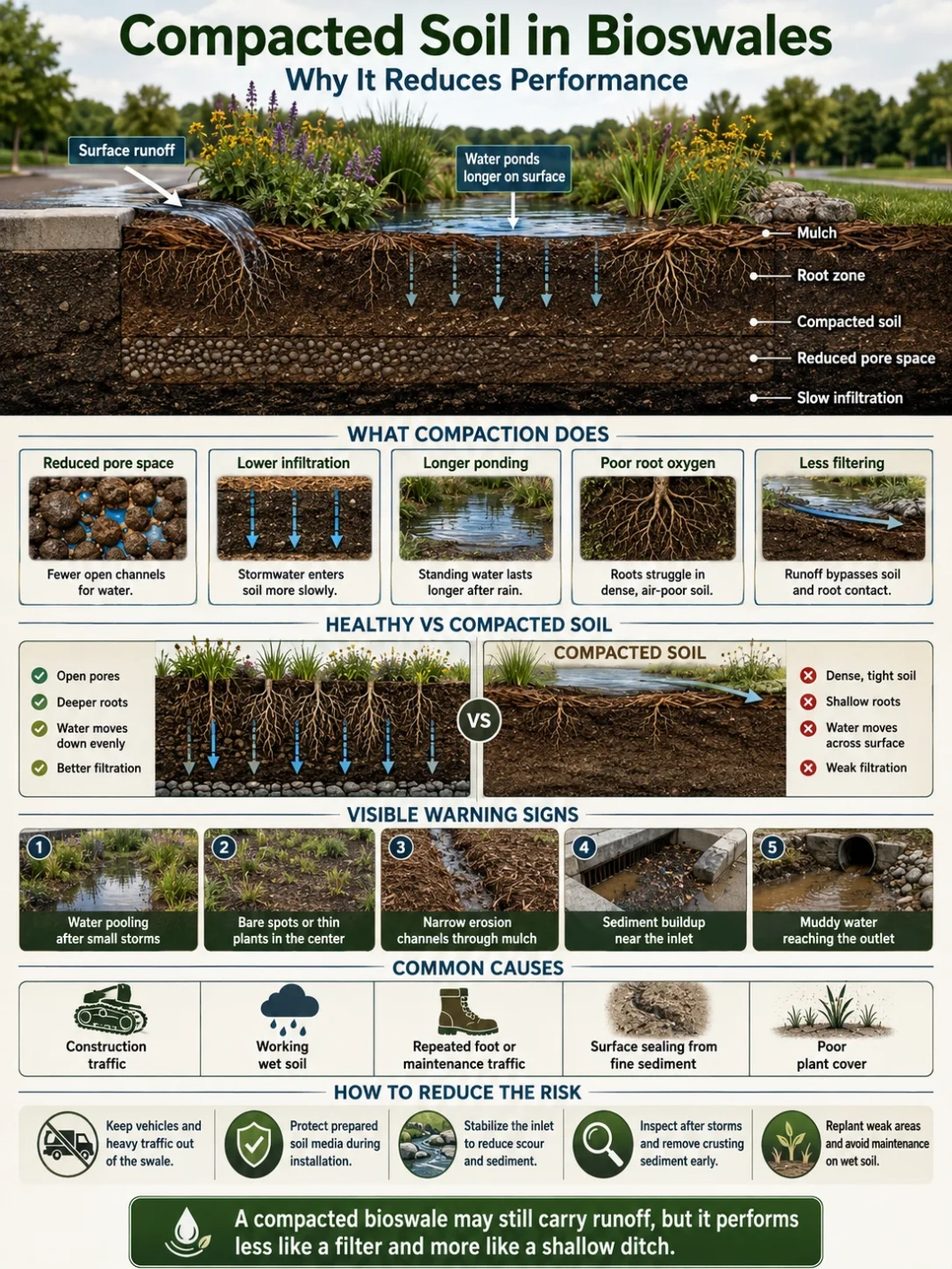 Compacted soil in bioswales decreases water infiltration and filtration efficiency, reducing overall stormwater management performance.
