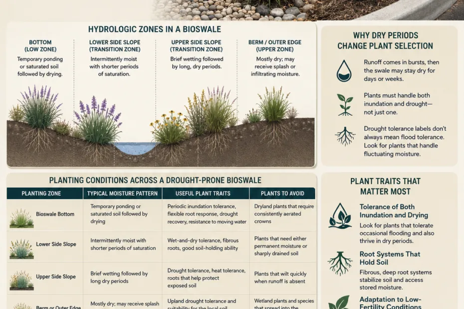 Drought-tolerant bioswale plants enhance water management during dry periods by filtering runoff and supporting sustainable landscape design.