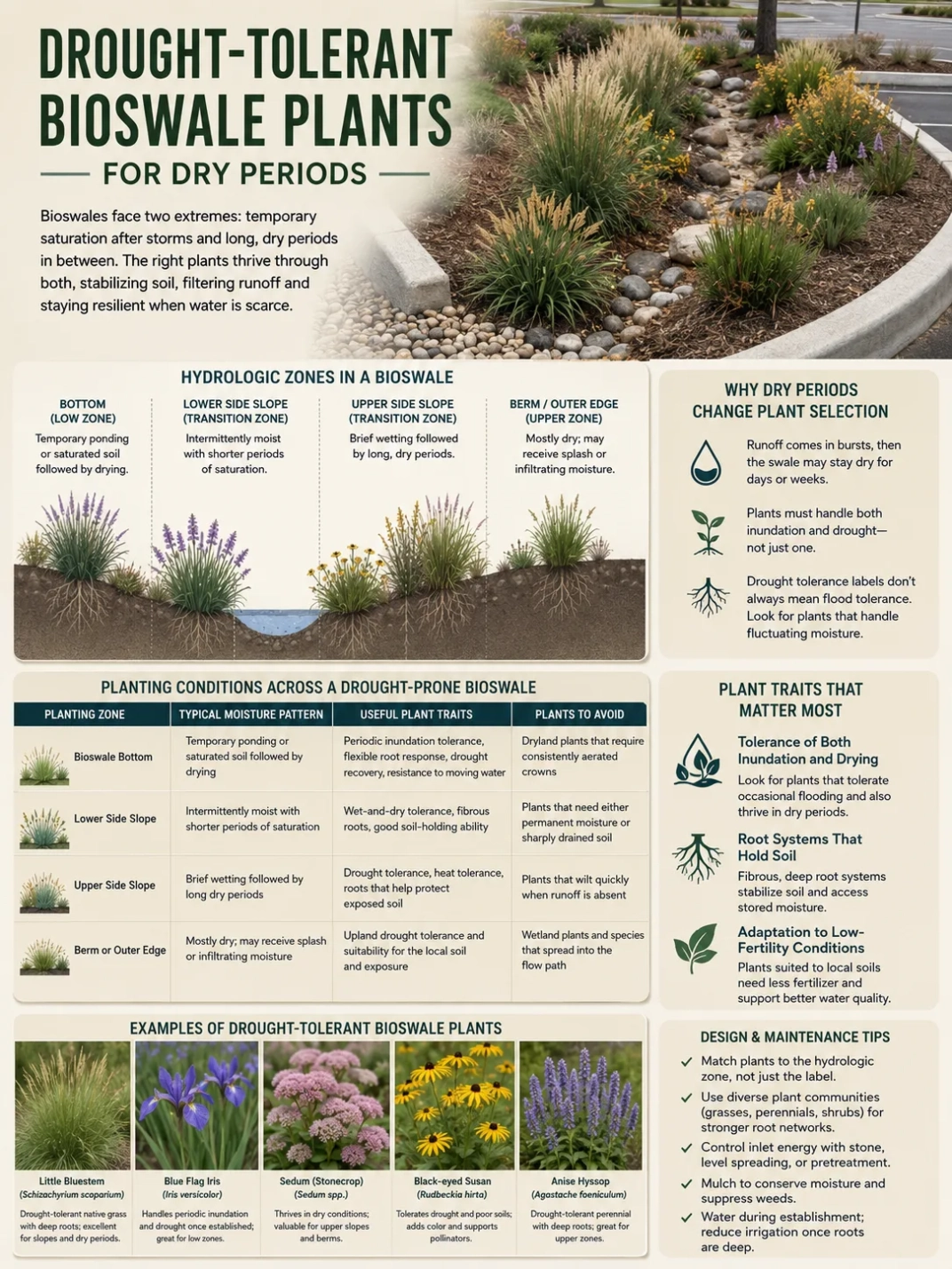 Drought-tolerant bioswale plants enhance water management during dry periods by filtering runoff and supporting sustainable landscape design.