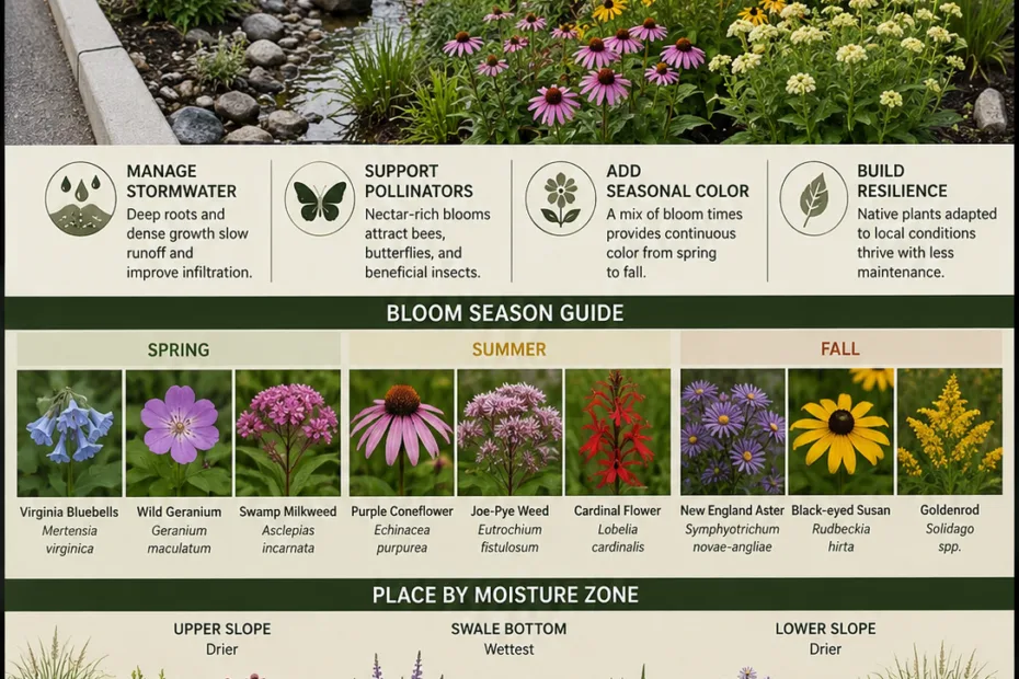 Flowering plants for bioswales add vibrant color, attract pollinators, and help water management in sustainable landscape design.