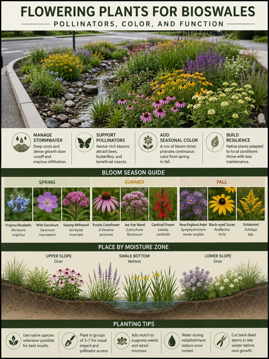 Flowering plants for bioswales add vibrant color, attract pollinators, and help water management in sustainable landscape design.