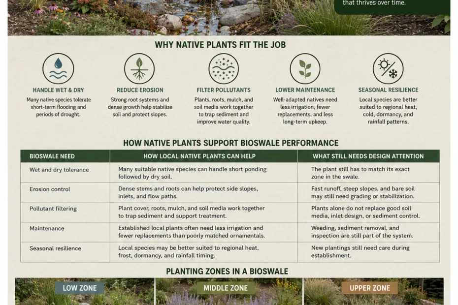 Native plants for bioswales create sustainable landscapes by naturally controlling water flow and supporting local ecosystems.
