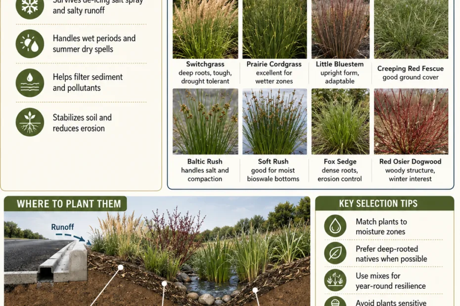 Salt-tolerant plants thrive in roadside bioswales to manage stormwater and improve sustainability.