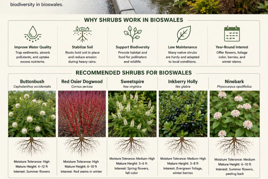 Shrubs for bioswales add structure and seasonal interest while helping manage stormwater runoff effectively.
