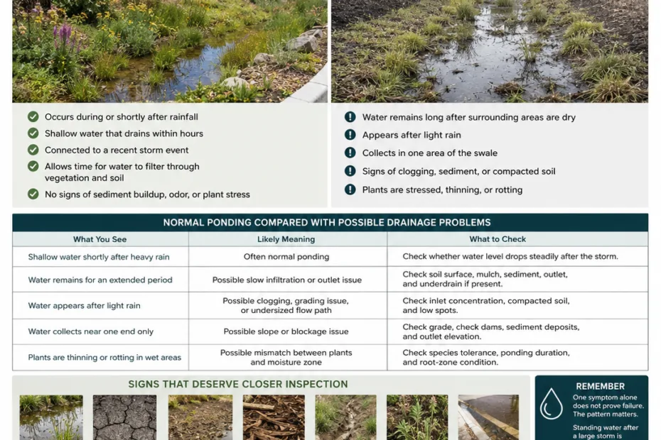 Standing water in a bioswale can indicate normal ponding or a drainage issue, so proper assessment is essential for effective stormwater management.