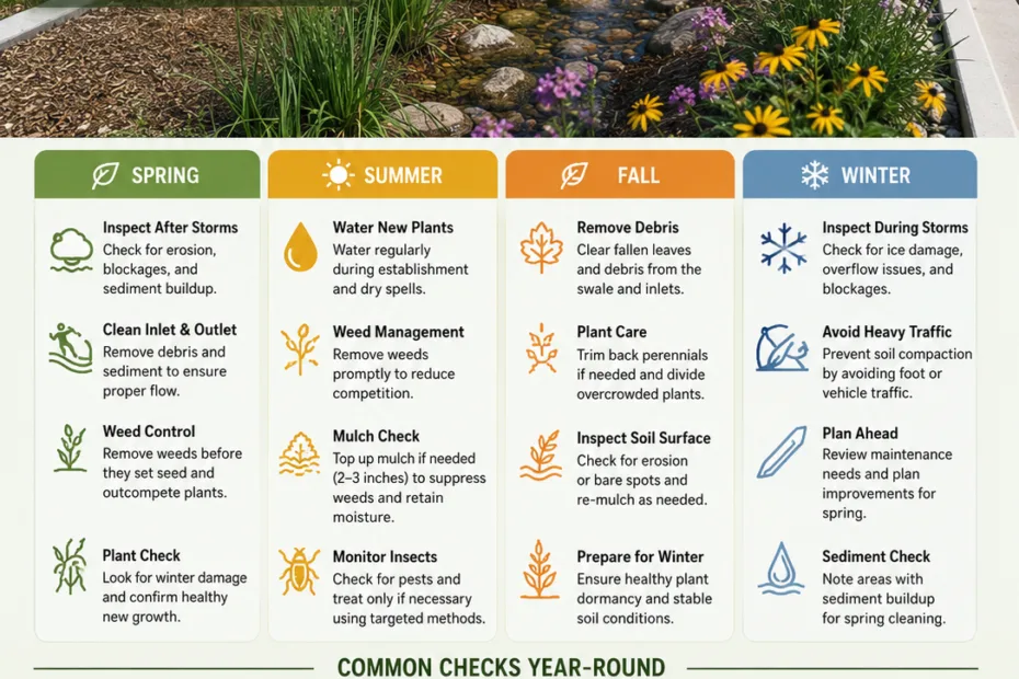 Bioswale maintenance guide illustrates seasonal tasks and checks to keep these rain gardens effective and healthy for managing stormwater runoff.