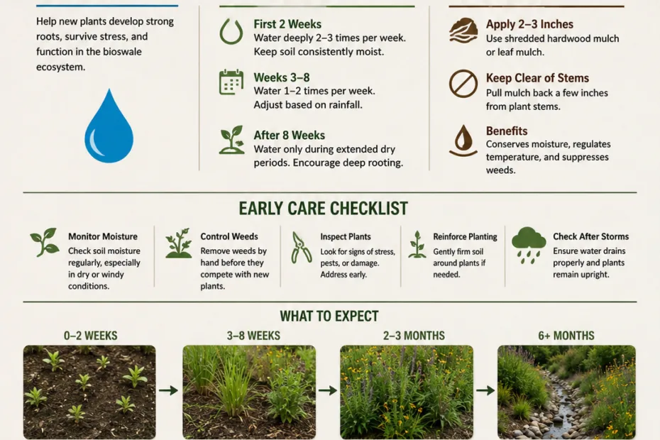 Bioswale plant establishment shows early watering, mulching, and care to support healthy growth and water management in stormwater facilities.