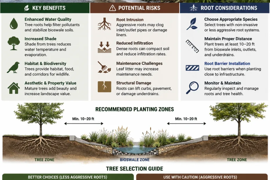 Trees near bioswales improve stormwater management and support ecosystem health while avoiding root damage to the system.